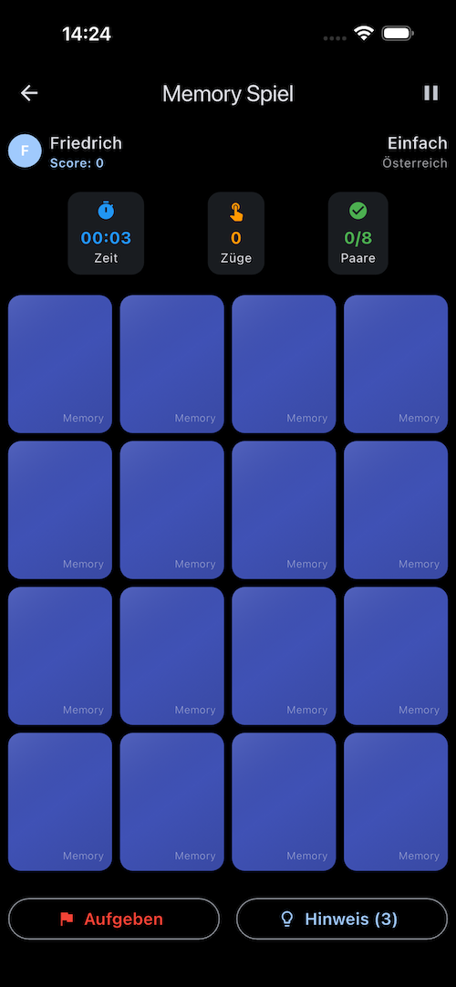Memory Game Spielfeld mit verschiedenen Karten und Memory-Gameplay